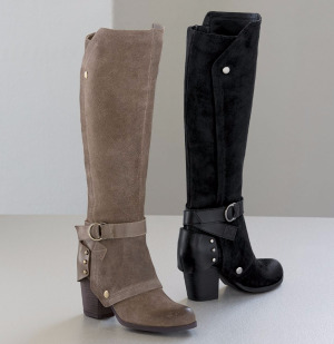 Suede knee-high boots with leather and studs