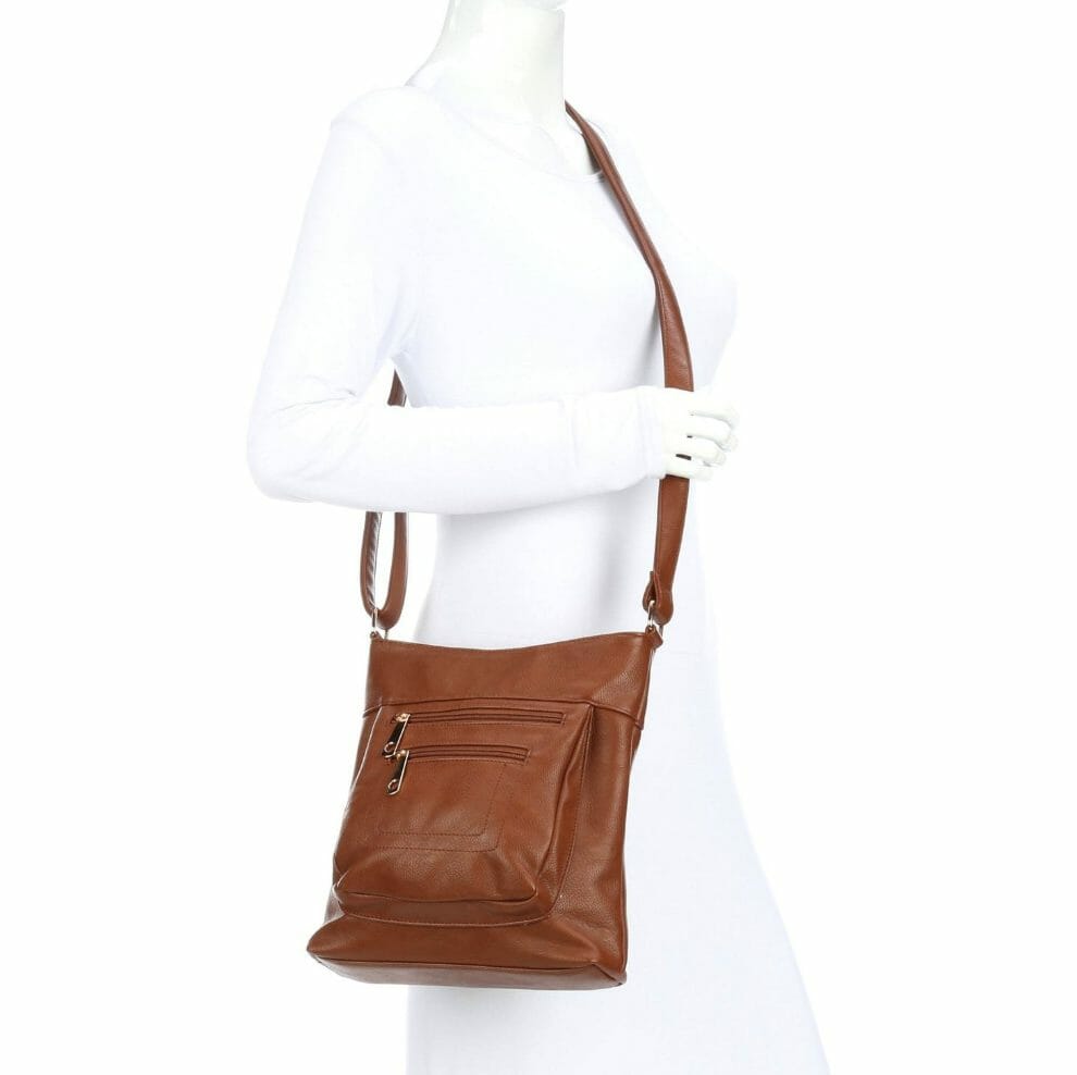 Brown, double zip, cross-body bag with center zip, 2 outside pockets and 3 inside pockets