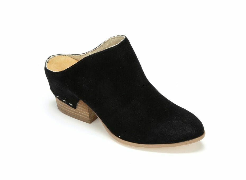 Suede black slide-on mule with 2 1/2 inch heel