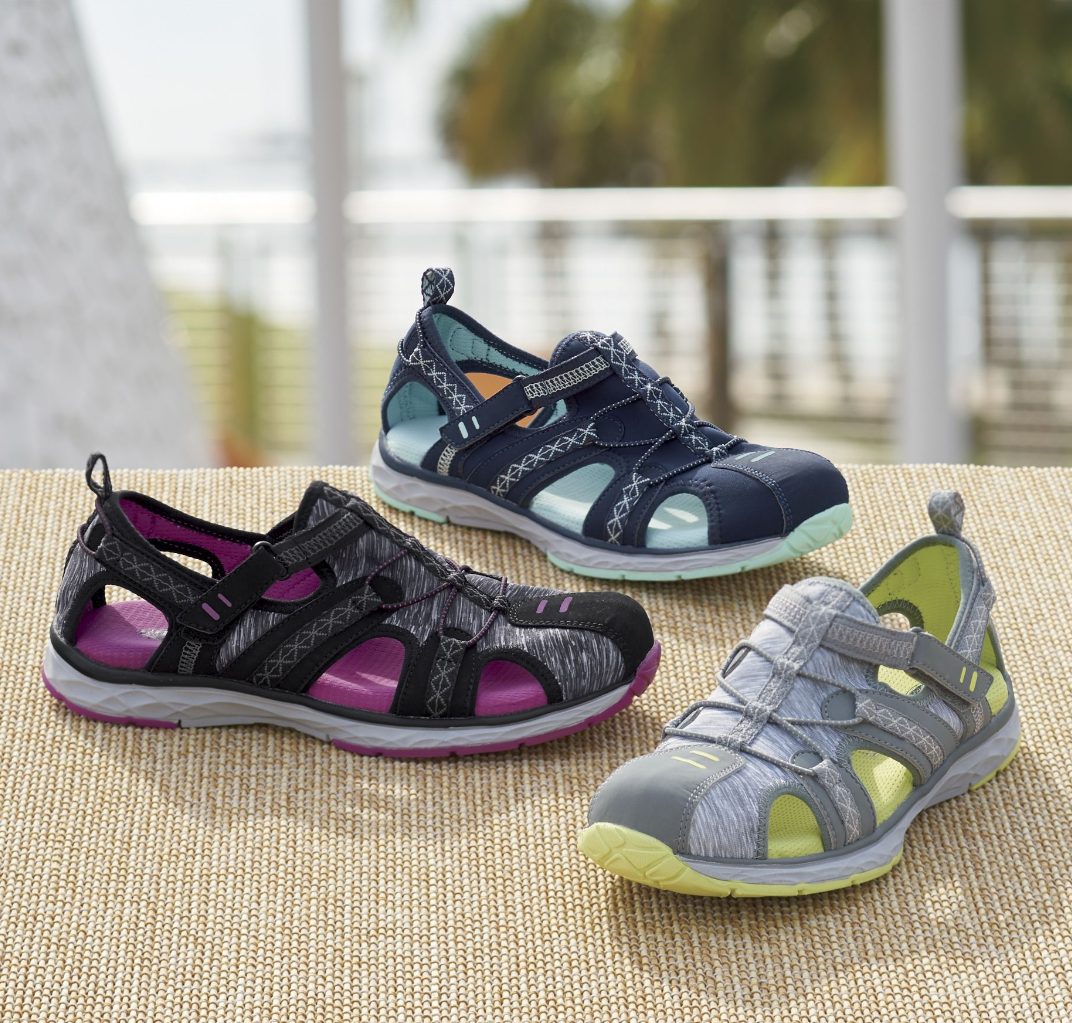 The open fisherman sandal style goes athletic! Memory foam insoles; hook-and-loop straps. Synthetic.