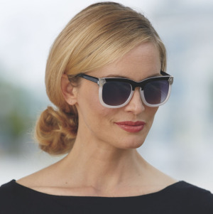 Woman wearing black shirt and two-tone sunglasses