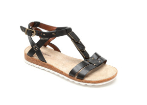 Black gladiator sandal with T-strap and adjustable buckle