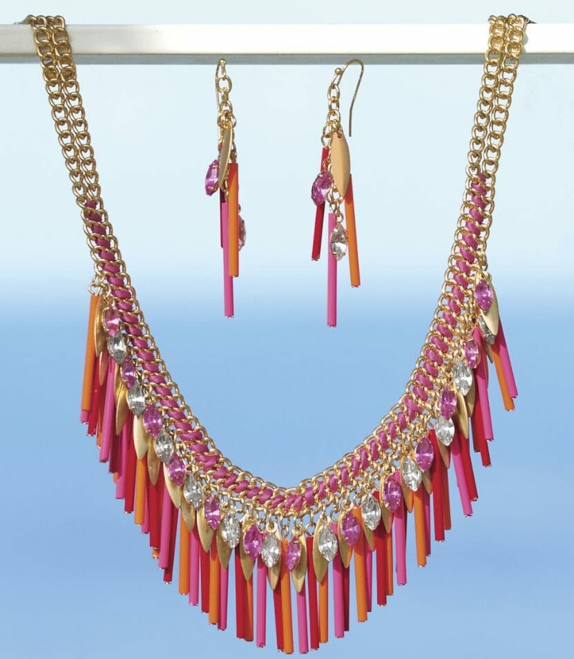 This vibrant jewelry makes a bold statement. Resin, crystal and fabric accents. Necklace is 18" l necklace plus 3" extender. Earrings are 2 1/2" l. Available in Blue Multi/Silvertone and Pink Multi/Goldtone.