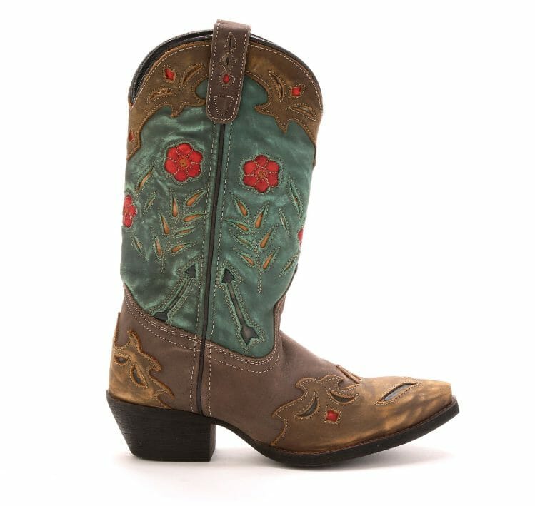 Cowgirl boots with colorful scrolled leather cutouts