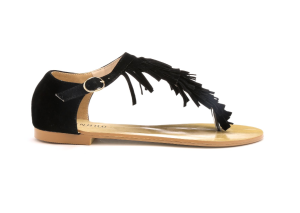 Black, fringe sandal with suede upper.