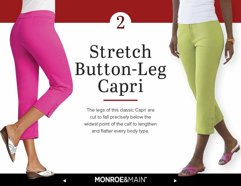2 women in colored button-leg capris