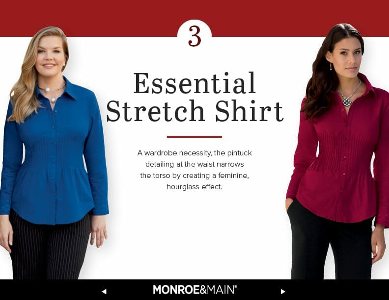 2 women in black pants and stretch shirt, one in blue the other in red