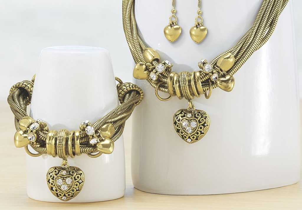 gold heart crystal necklace, earrings and bracelet