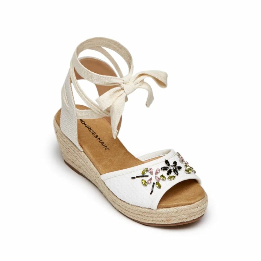 White, floral beading with fabric ties and basket weave strap on 2 1/2 inch wedge sandal