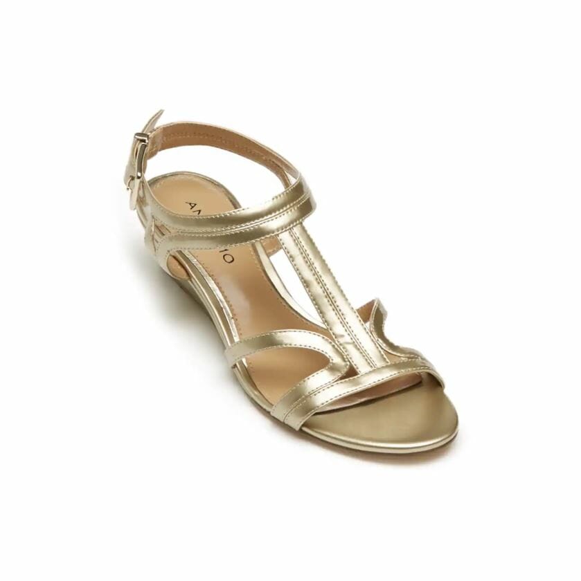 Gold, small wedged sandal with adjustable ankle strap