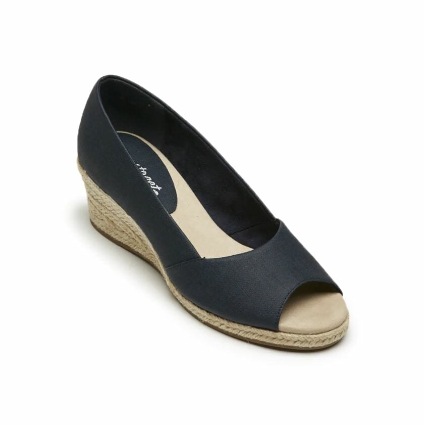 Black peep-toe, fabric upper wedged shoe