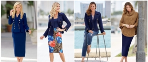 2-piece navy skirt suit set worn by different woman showing multiple outfit possibilities