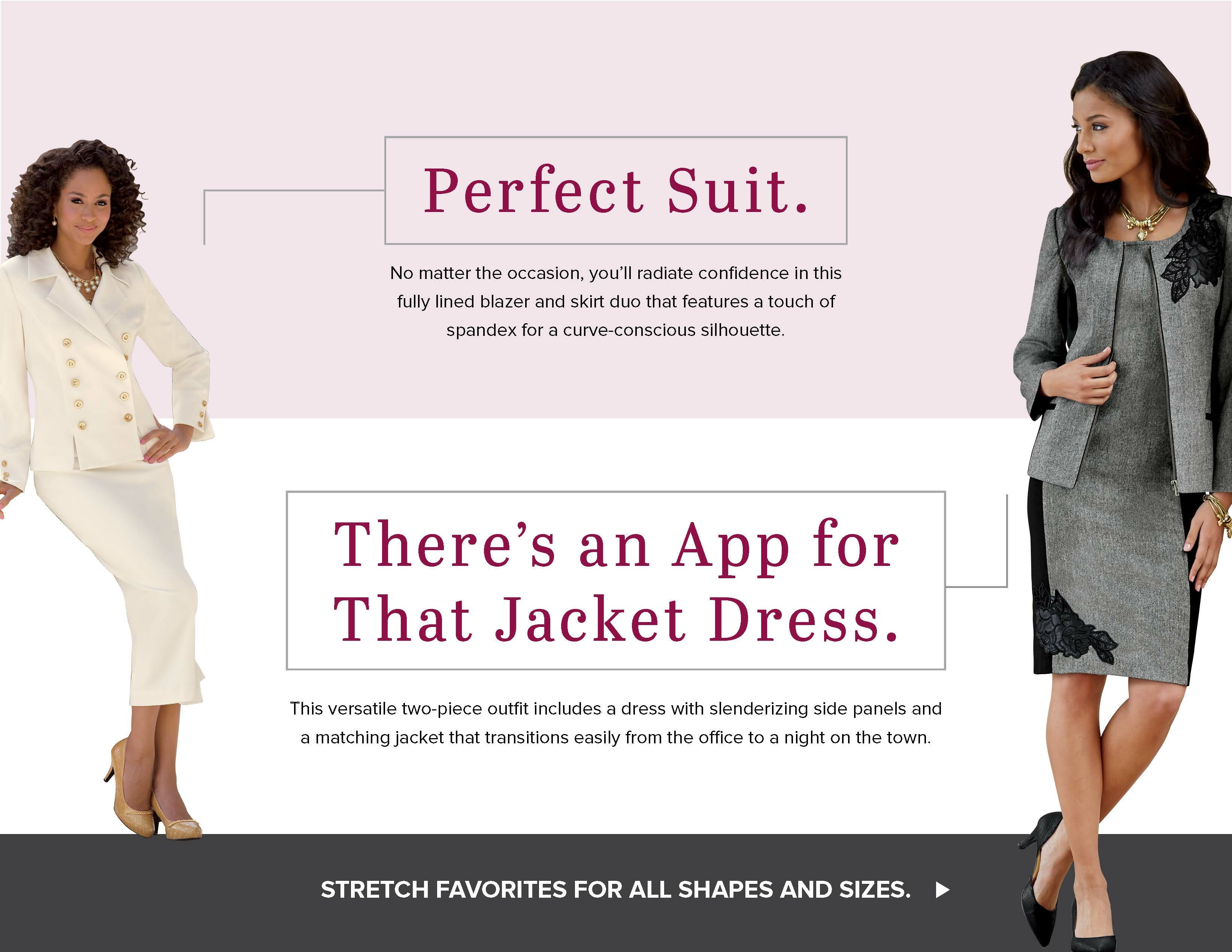 2 women in different styles of suit sets