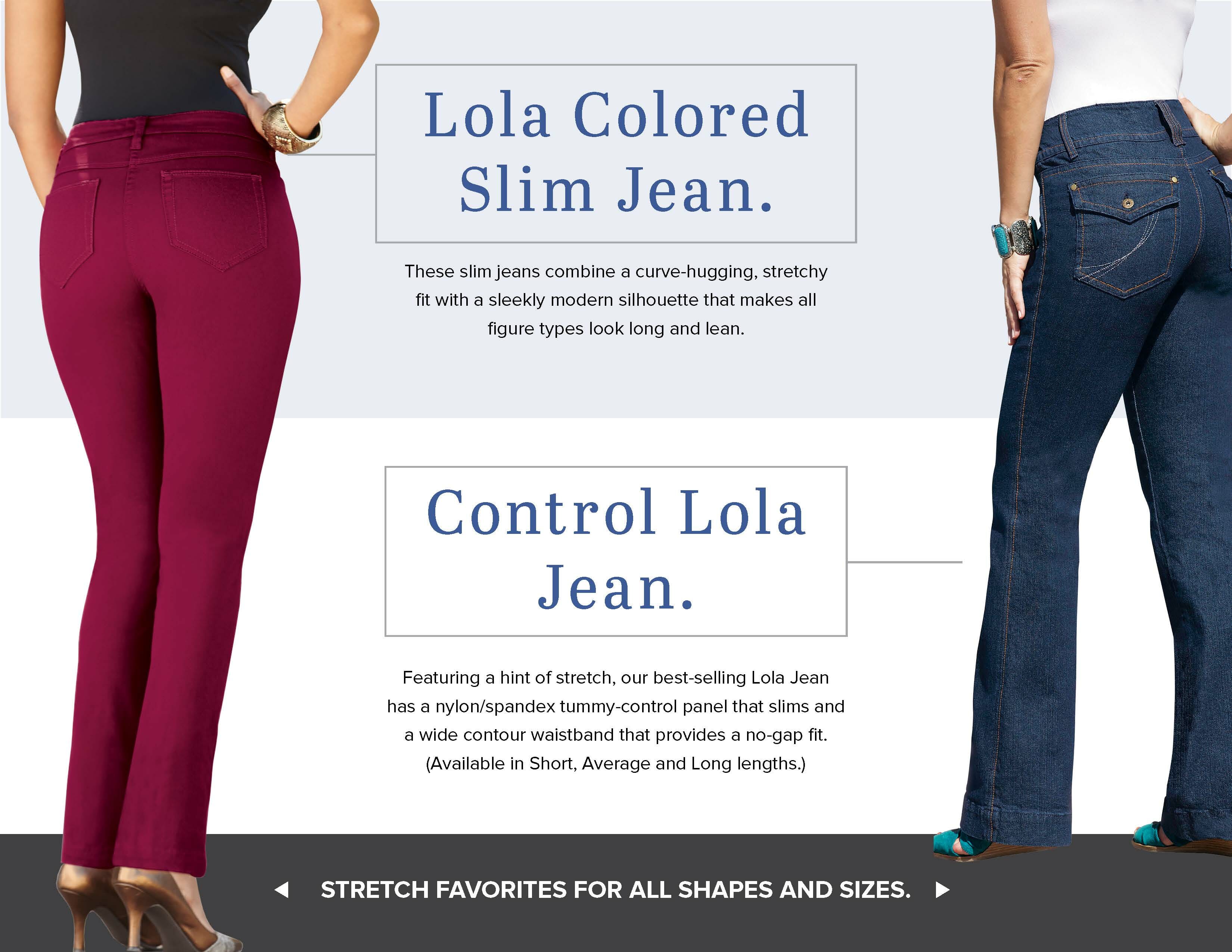 2 women; 1 in slim colored jeans and the other in control top