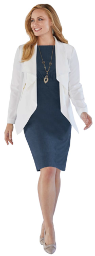 Woman wearing denim dress with white jacket