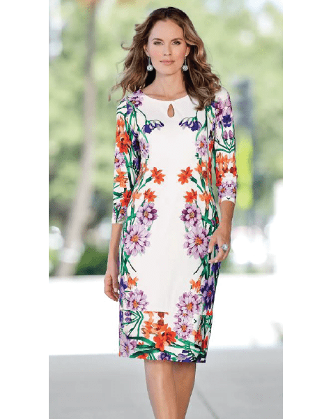 woman wearing a floral sheath dress