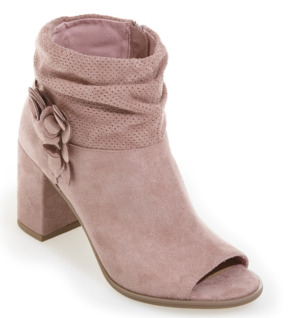 Dark blush peep toe bootie with perforated ruched shaft and decorative floral accent on ankle