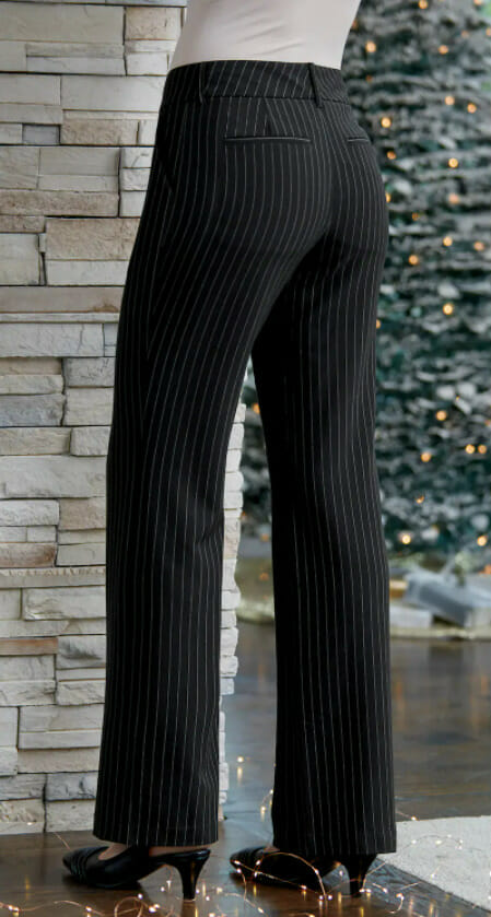 Model in Audrey Black pant with pinstripes