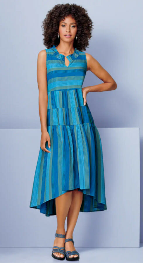 Model in Blue Tiered Hi-Low Dress
