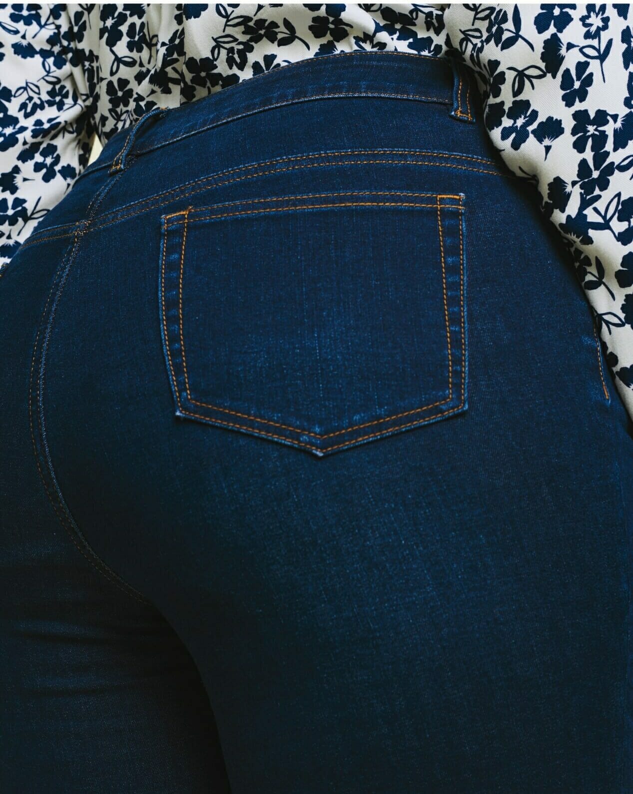 dark wash jeans with high placed pocket