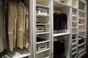 Closet with shelves, racks and boxes for storage